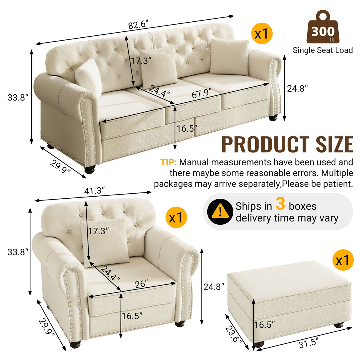 Upholstered Sofa Set With Nailhead Trim and Rolled Armrests, Includes Pillows
