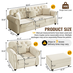 Upholstered Sofa Set With Nailhead Trim and Rolled Armrests, Includes Pillows
