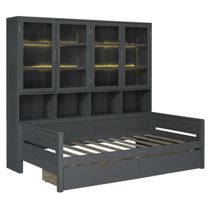 Daybed With Glass Door Storage Cabinets, Built In LED Lighting And Shelves