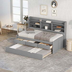 Captain Bed With Built In Bookshelves, 3 Storage Drawers, And Trundle