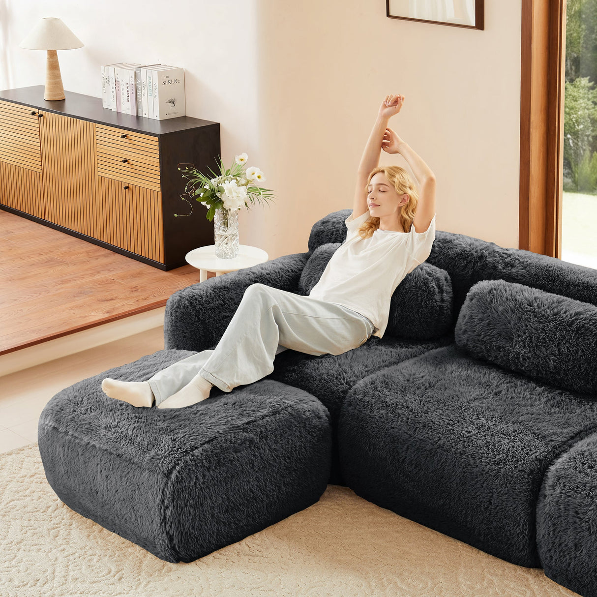 Aviana Armless Sofa With Pillow Plush Fabric - Dark