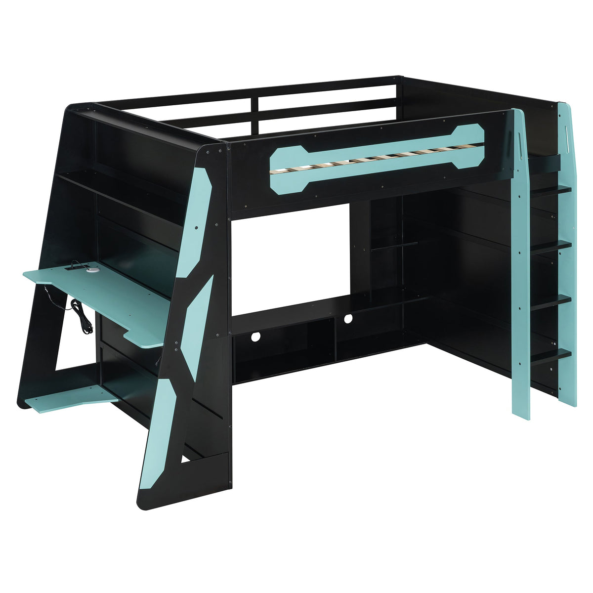 Full Size Wood Loft Bed with Desk, Multi-storage Shelves and RGB Light