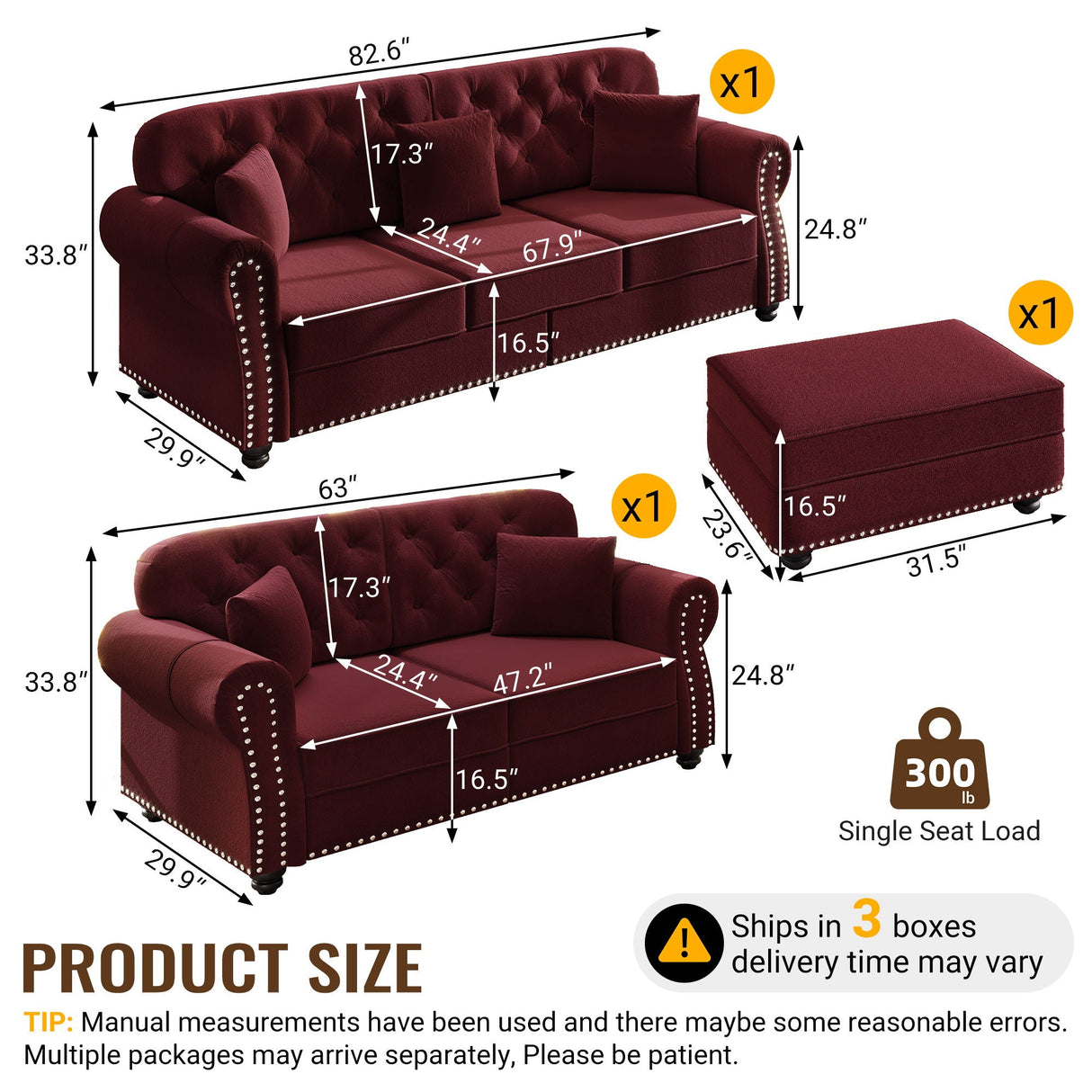 Upholstered Sofa Set With Nailhead Trim and Rolled Armrests, Includes Pillows