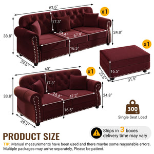 Upholstered Sofa Set With Nailhead Trim and Rolled Armrests, Includes Pillows