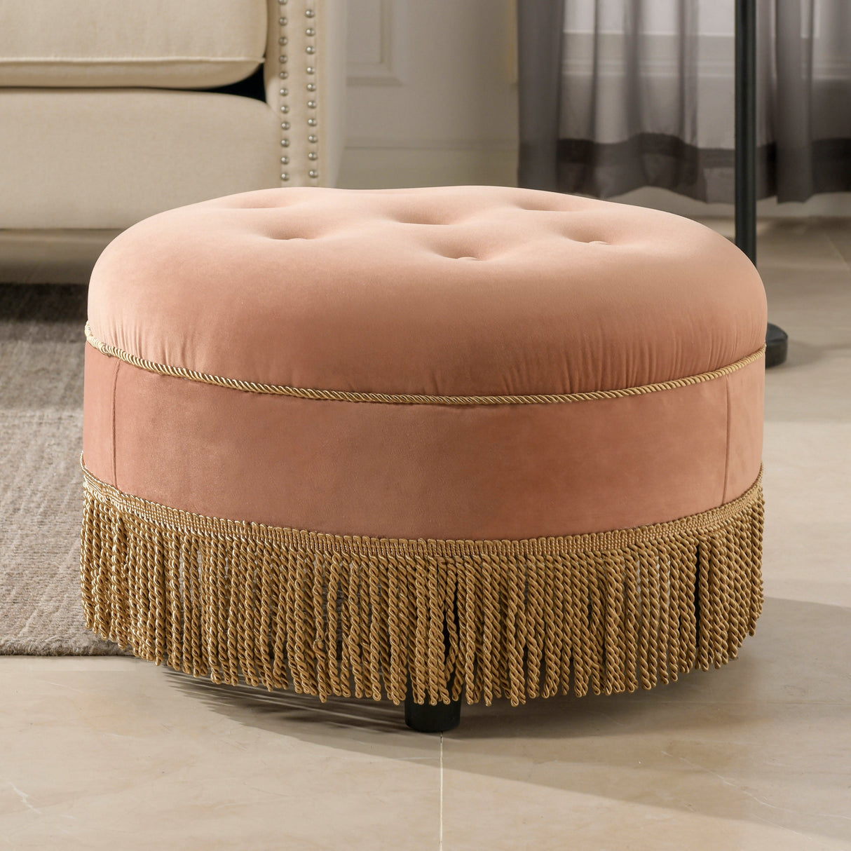 Yolanda 24" Round Upholstered Accent Ottoman, Peach Orange Velvet with Gold Trim