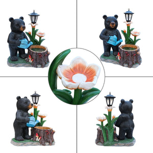 Standing Black Bear Garden Planter with Decorative Solar Lantern
