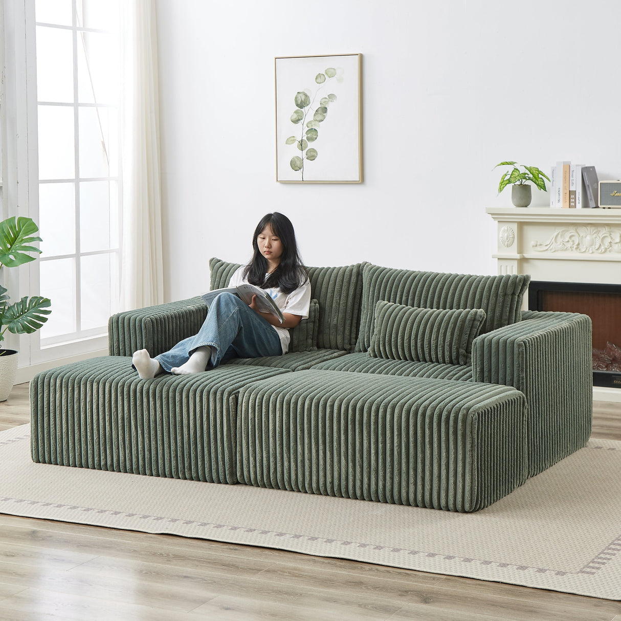 87' Oversized Sectional Lounge Chaise with Plush Corduroy Fabric