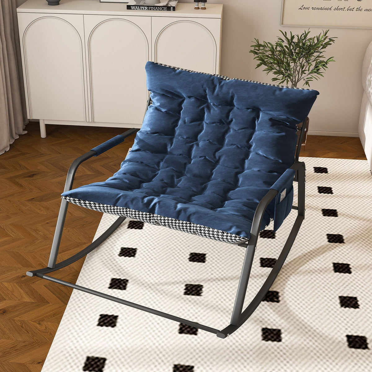 Blue Rocking Chair with Storage and Cushions - Metal & Fabric