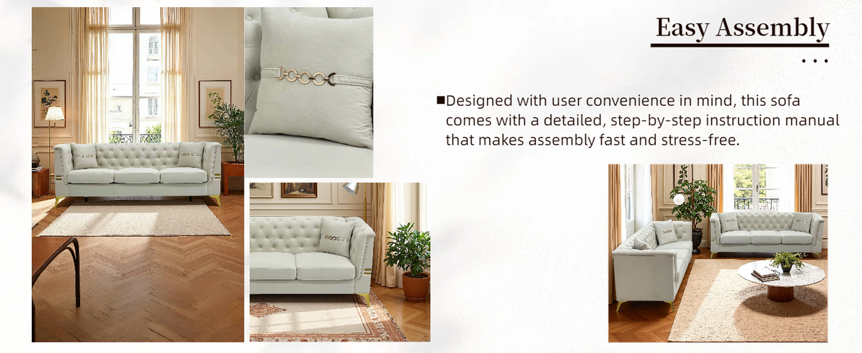 Modern Tufted Velvet Sofa with Gold Accents, 3-Seater