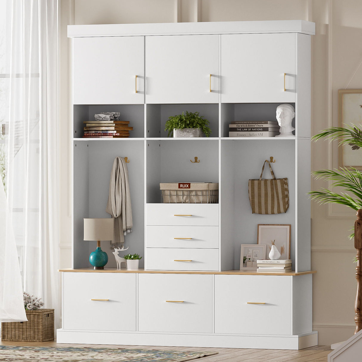 Entryway Hall Tree With Bench And Storage, 5 In 1 Coat Rack