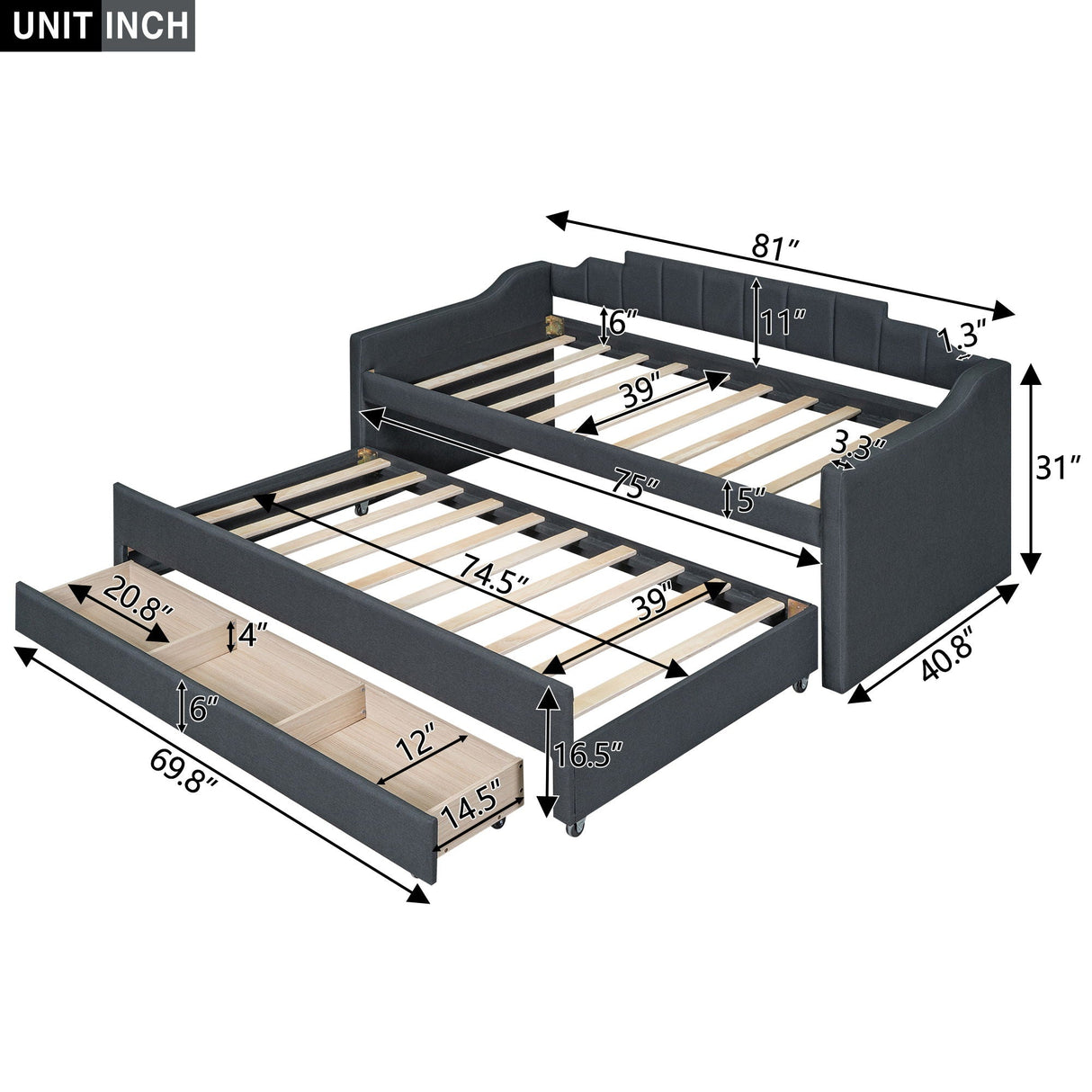 Upholstered Simple Design Daybed With Trundle And 3 Drawers