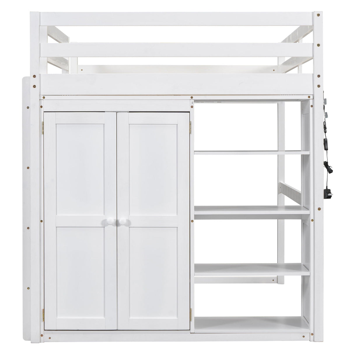 Loft Bed With Built In Wardrobe, Storage Shelves, And LED Light