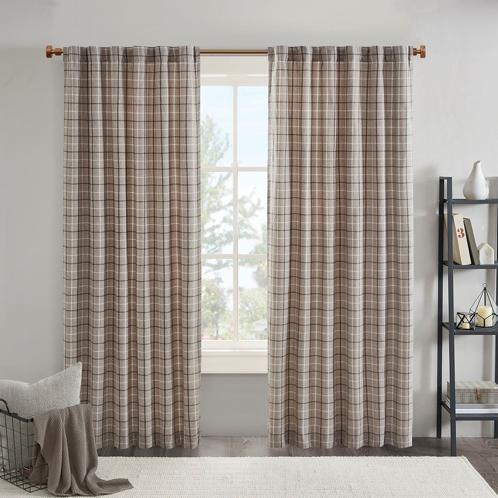 Plaid Rod Pocket and Back Tab Curtain Panel with Fleece Lining Brown 50x84