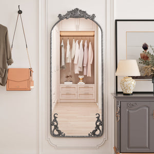 Retro Arched Full Body Mirror with Vintage Carved Applique