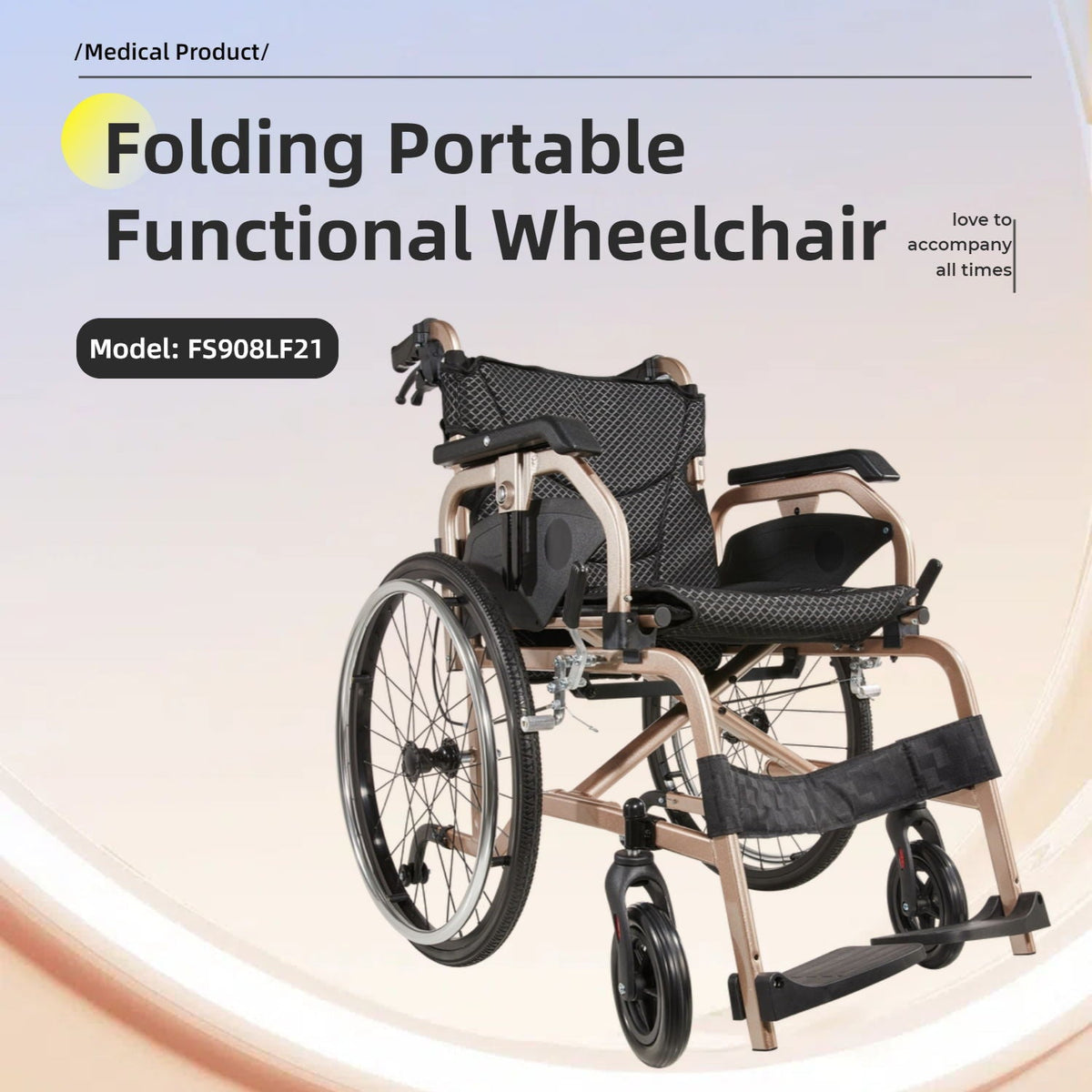 Premium Lightweight Foldable Transport Wheelchair for Adults with Double Brakes - Gold or Gray