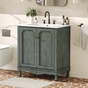 Vintage Bathroom Vanity With Ceramic Sink, Adjustable Shelves