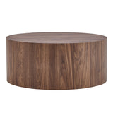 Simple Deep Walnut Cylindrical Coffee Table, MDF, 27.5-Inch Diameter x 12-Inch Height, Industrial/Minimalist Style.