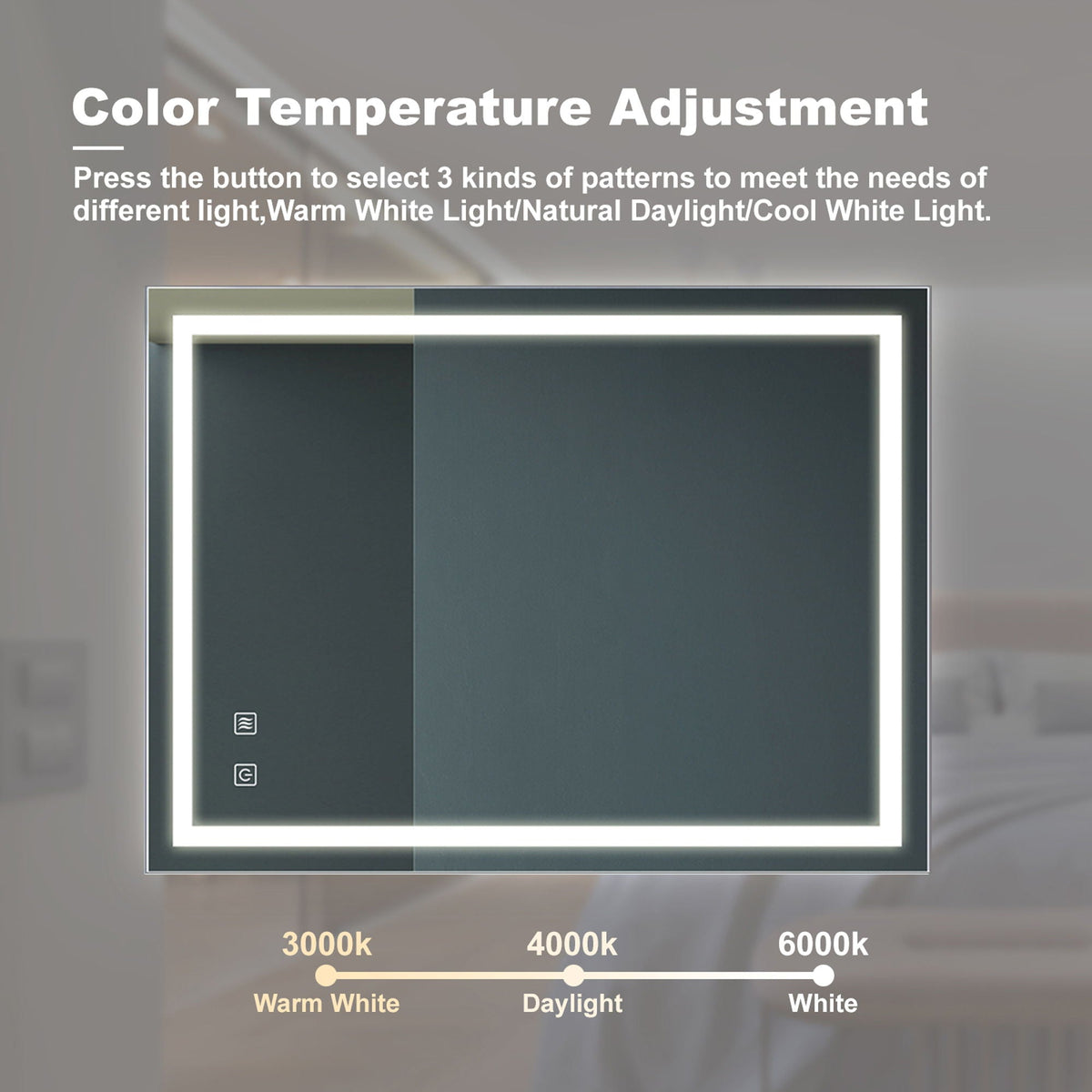 Bathroom Vanity Rectangle Mirror With Front Lighting, Anti Fog, Dimmable, Smart Memory Function