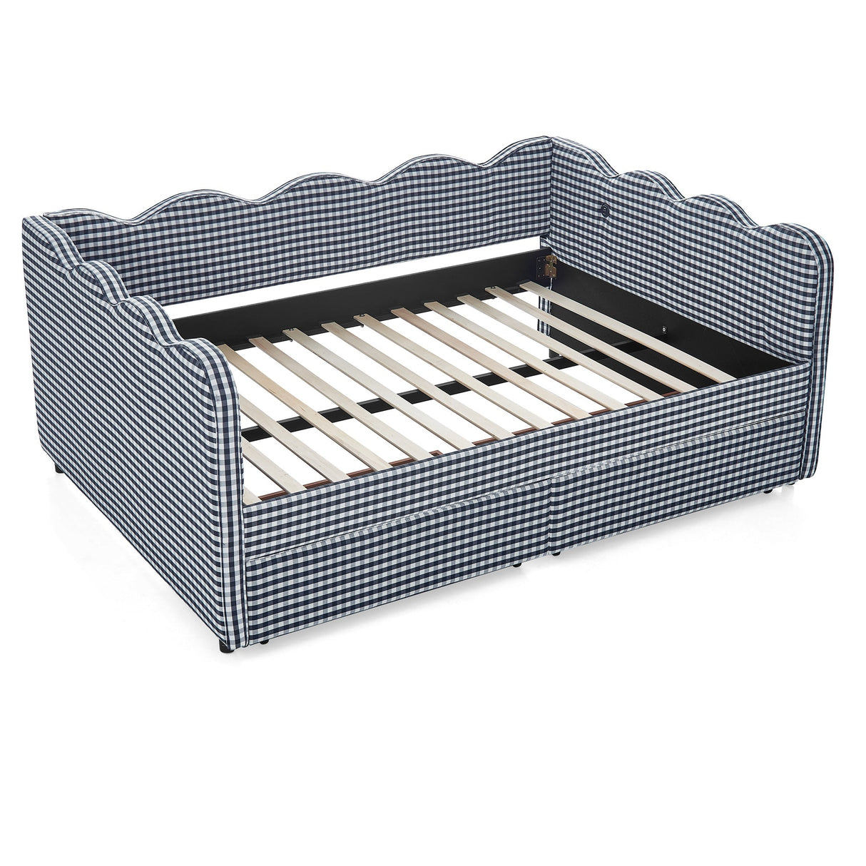 Full Size Cozy Gingham Daybed with Two Storage Drawers, with USB Port and Adorable Wave Shaped, Linen Fabric
