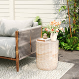 Elegant Indoor/Outdoor Lightweight Concrete Cylinder Side Table with Travertine Finish Beige