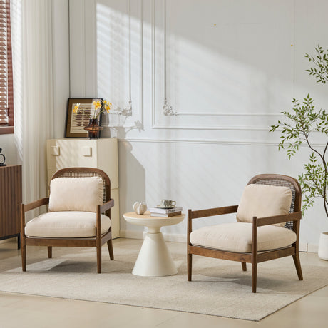 Elliston Rattan Backrest Solid Wood Accent Chair with Cushions, Set of 2