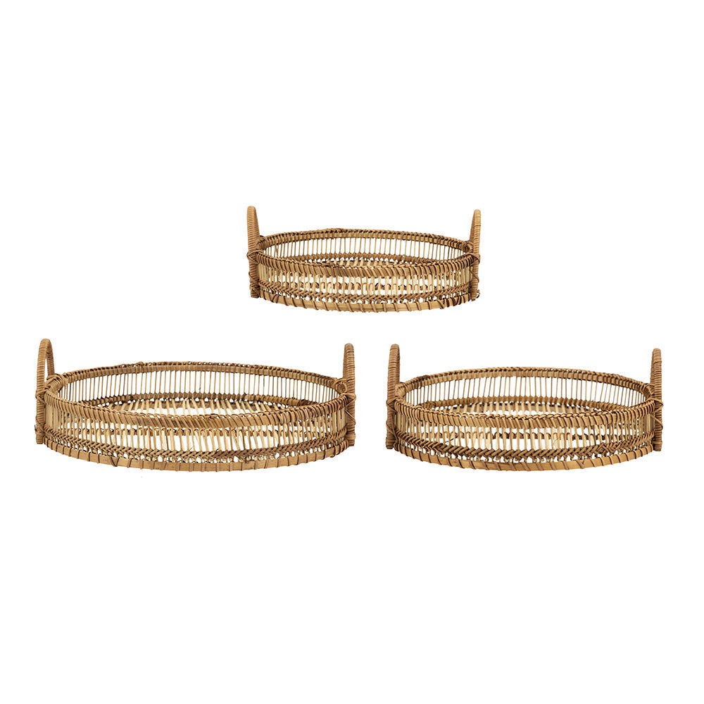 Set of 3 Round Decorative Brown Bamboo Woven Trays with Handles