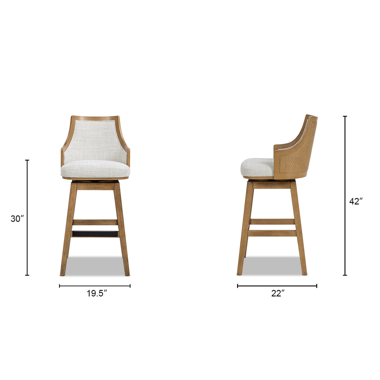 Bahama 30' Cane Rattan High-Back Swivel Bar Stool with Recessed Arms, Two-Tone Neutral Gray Polyester Wool Blend
