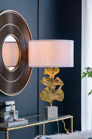 Gold Ginkgo Leaf Table Lamp with Marble Base and White Drum Shade