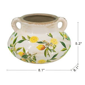 8.1x8.1x5.2" Wide Ceramic Planter with Yellow Lemon and Green Leaf Motif and Small Handles