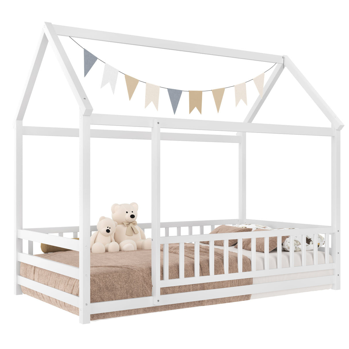 Twin Size Floor Wooden Bed with House Roof Frame
