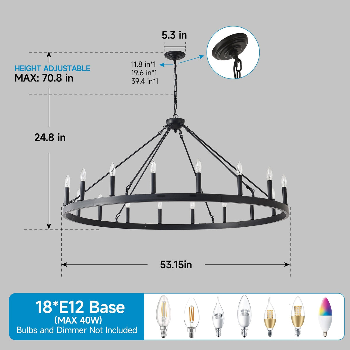 53.15 Inch Matte Black Wagon Wheel Chandelier with 18 Lights