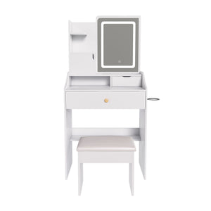 3 Color LED Vanity Mirror With Stool, Dressing Table For Bedroom, 2 Drawers & 5 Storage Cabinets (4 Open + 1 Hidden), Adjustable Lighting - White