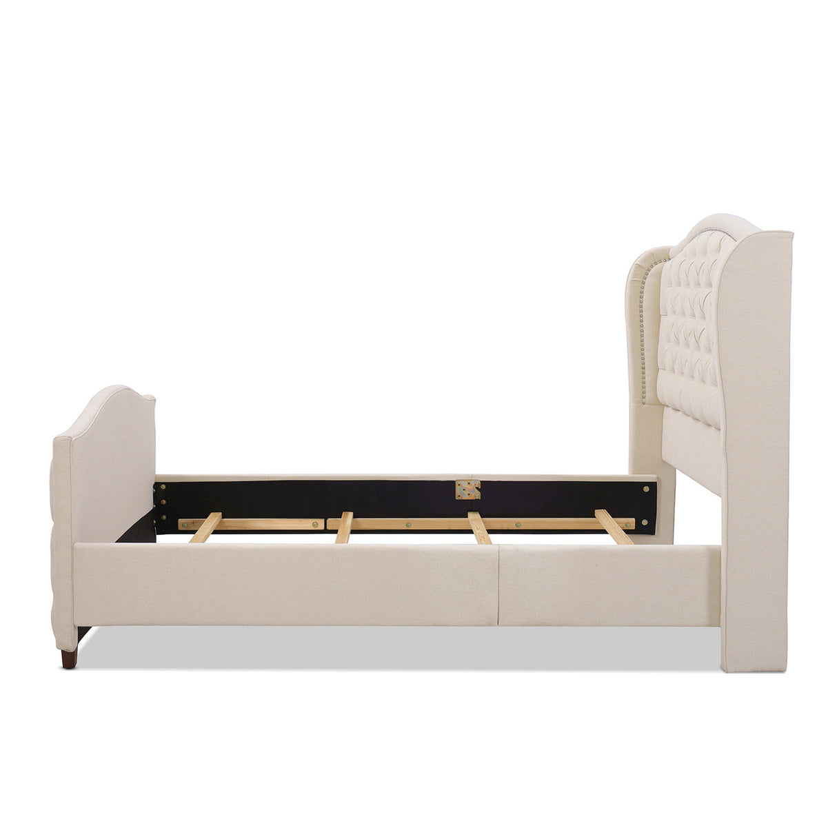 Marcella Upholstered Shelter Headboard Bed Set, Queen, Sky Neutral Beige Polyester