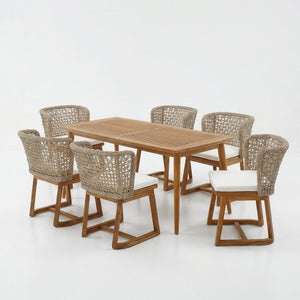 7-Piece Outdoor Patio Dining Set with Acacia Wood Table and 6 Wicker Chairs