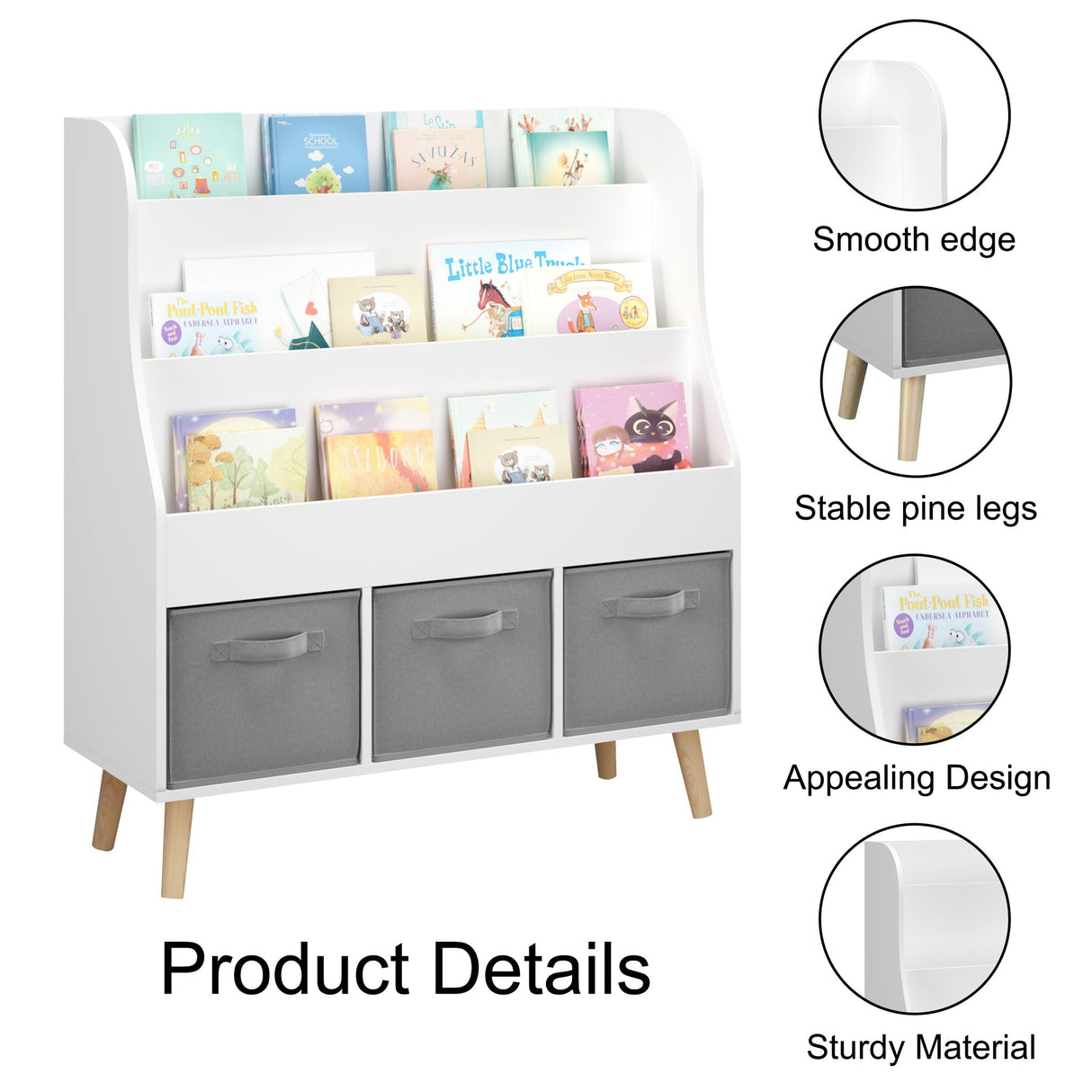 Bookshelf With 3 Storage Bins, Book Display Organizer, Front Facing Book Rack - White