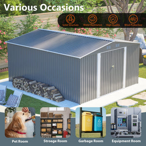 12×14 ft Outdoor Metal Storage Shed with Lockable Double Doors - Gray