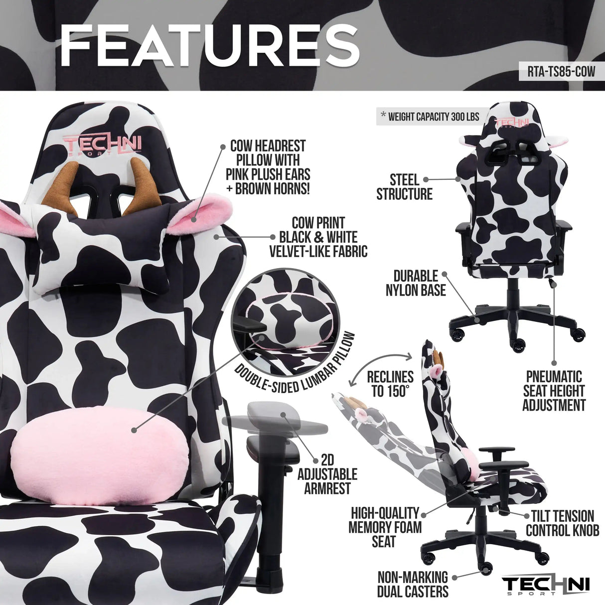 TS85 COW Print LUXX Series Gaming Chair32