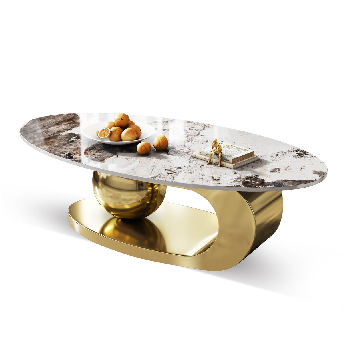 49.2 Inches Oval Faux Marble Coffee Table for Living Room with Stainless Steel Base