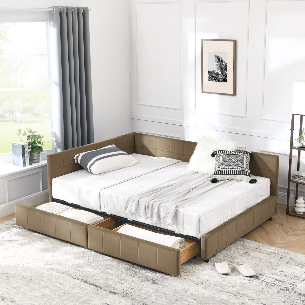 Mid-Century Storage Upholstered Tufted Bed Frame with Backrest and Armrests