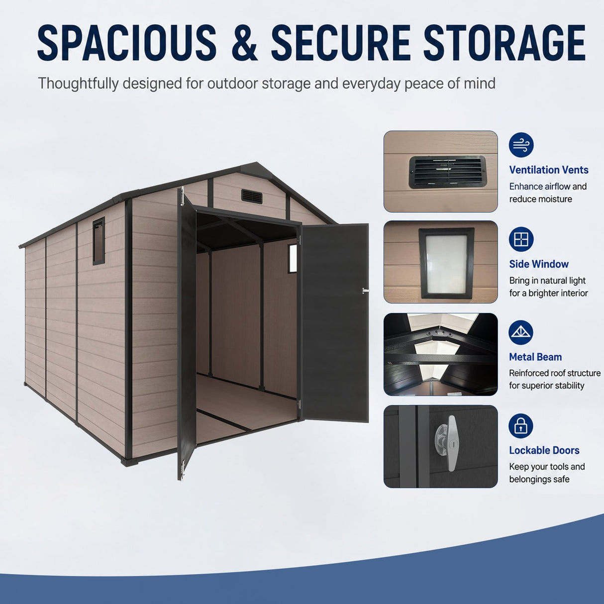 8x10 FT Plastic Outdoor Storage Shed - Lockable Resin Tool Shed