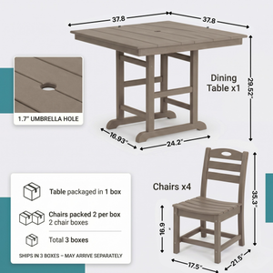 Antique Wood Color HDPE 5-Piece Outdoor Patio Dining Set with Square Table and 4 Armless Chairs, Umbrella Hole