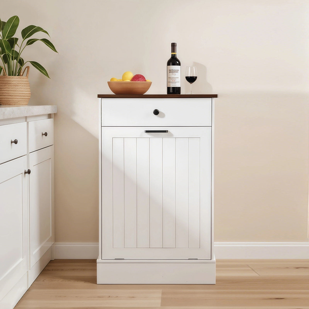 Tilt Out Trash Cabinet With Drawer, 10 Gallon Hamper - White