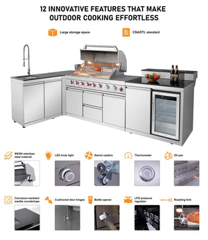 Outdoor Kitchen Island with 6+1 Burner Propane Gas BBQ Grill