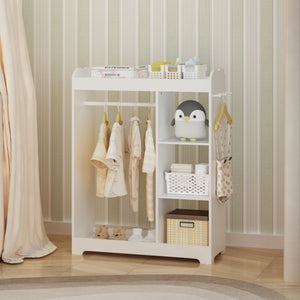 Dress Up Storage With Mirror And Hooks, Clothes Rack With Hanging Rod, 3 Side Hooks, Open Shelves, Top Shelf Organizer - White