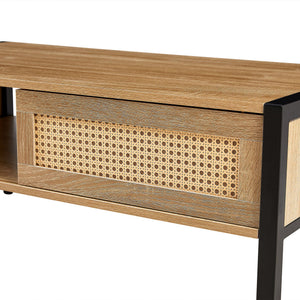 40.16" Rattan Coffee Table, Sliding Door For Storage, Metal Legs, Modern Table For Living Room