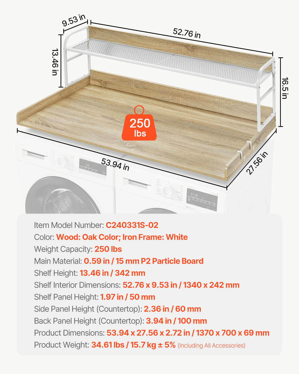 Washer Dryer Countertop with 2-Tier Shelf