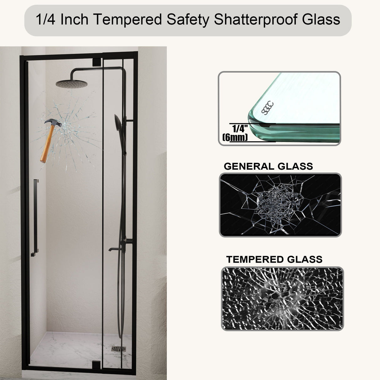 Semi Frameless Pivot Hinged Shower Door, Reversible Design