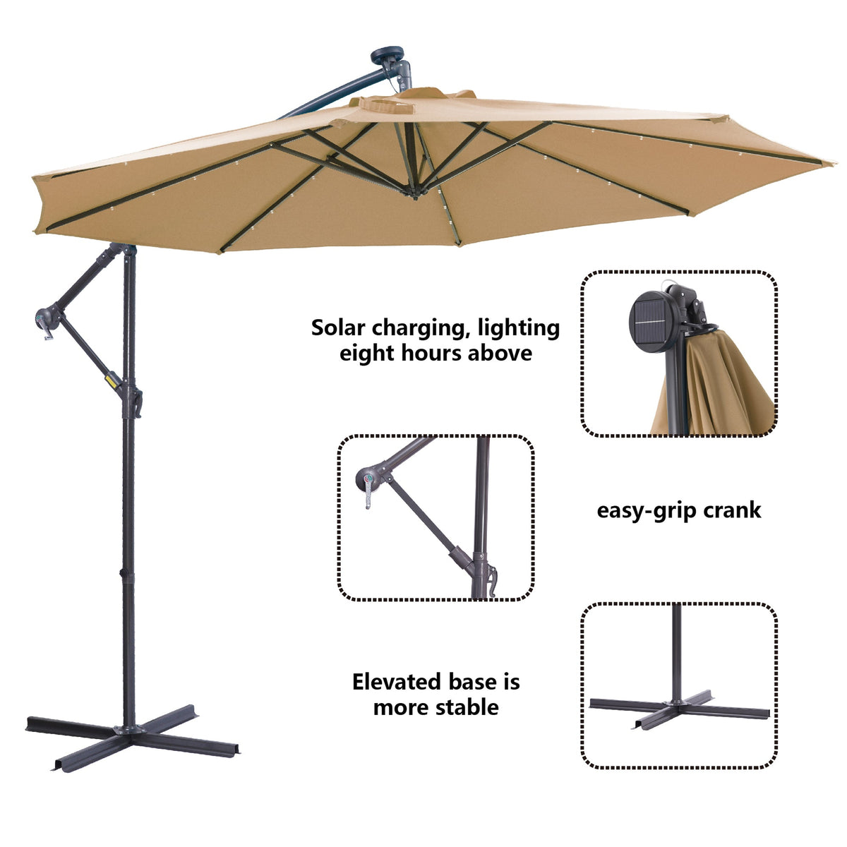 Outdoor Cantilever Patio Umbrella with 32 LED Lights, 10 ft