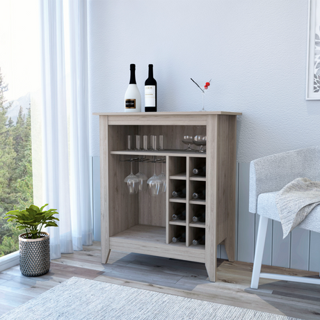 Coffee-or-bar-cart,-with-8-bottle-racks,-a-central-shelf-with-cup-holders,-light-gray-Carts-&-Islands