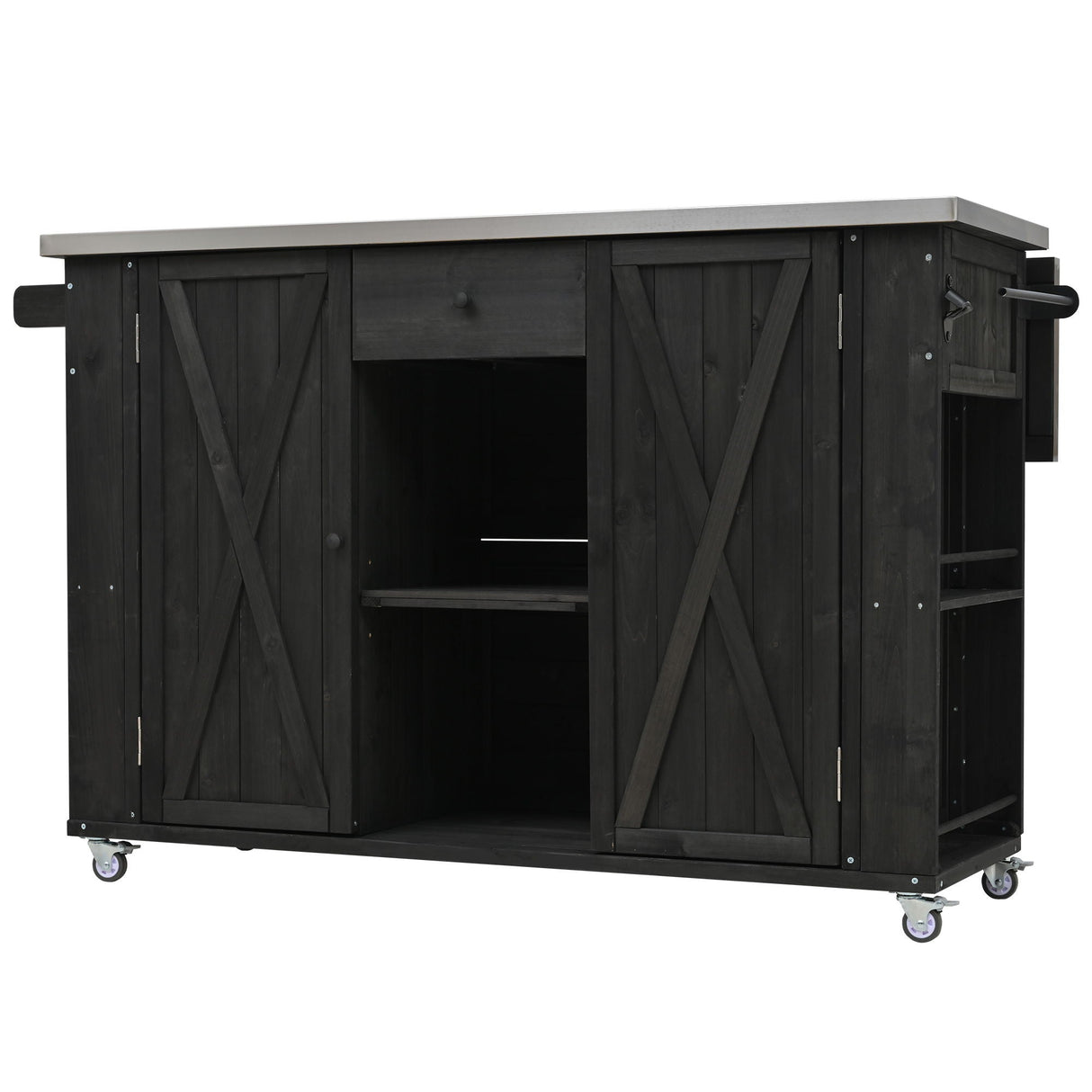 Outdoor Kitchen Island With Stainless Steel Top, Ample Storage Space, Towel And Spice Racks And A Bottle Opener